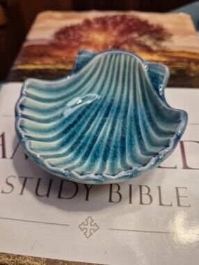 Vintage 1960s Azure Blue Japanese Scallop Shell Glazed Pottery Trinket Dish